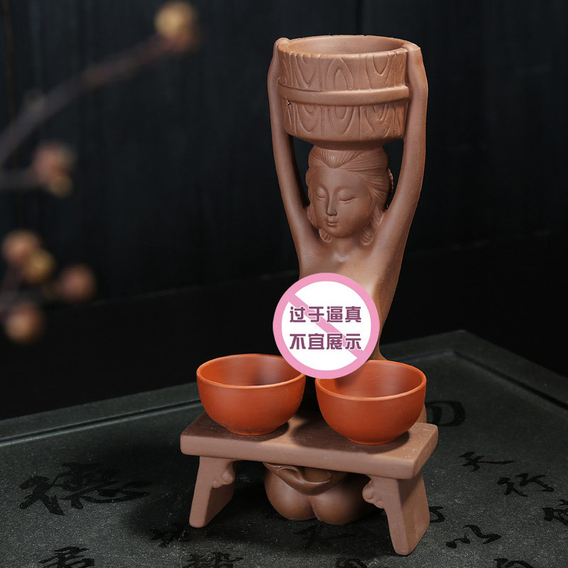 紫砂茶宠摆件美女喷水奶茶妹茶漏架茶滤网茶盘摆件创意茶具过滤器