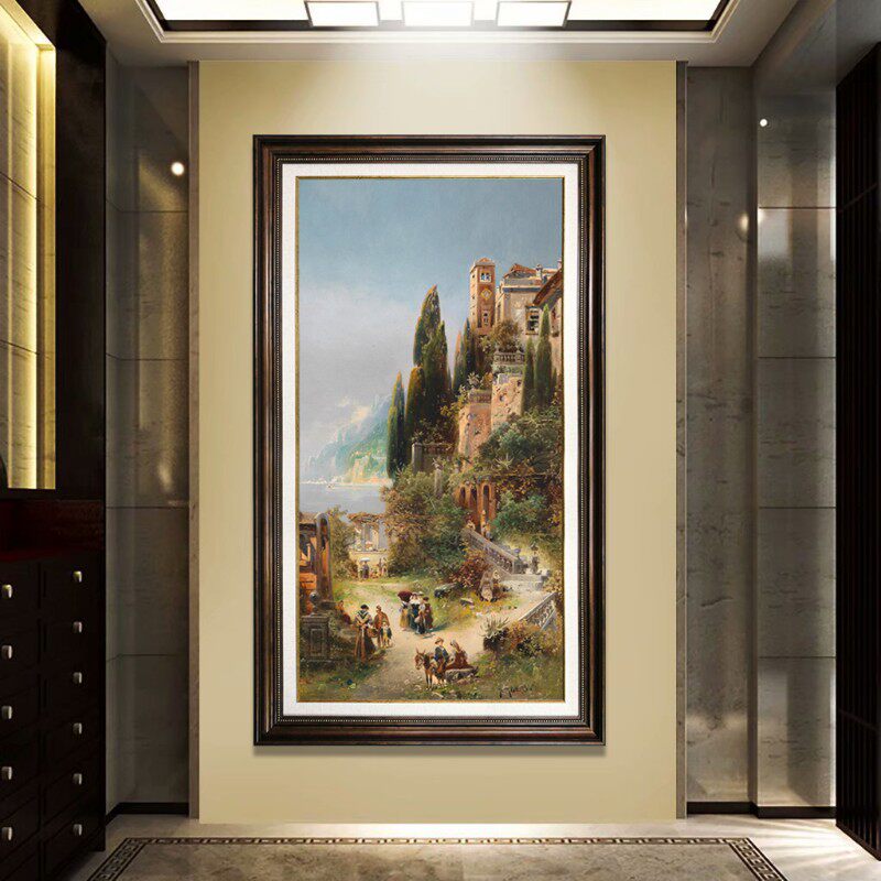 美式入户玄关装饰画竖版欧式建筑油画走廊楼梯有框挂画尺寸可定做