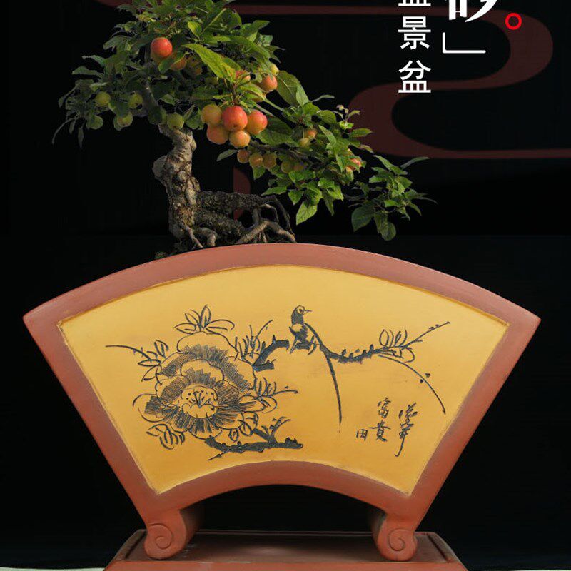 宜兴紫砂扇形花盆特价包邮雪松梅花兰花带底座室内盆栽扇状紫砂盆
