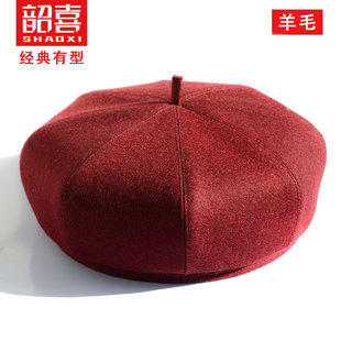 新款红色羊毛呢八角帽男女秋冬百搭画家帽贝雷帽保暖户外休闲帽