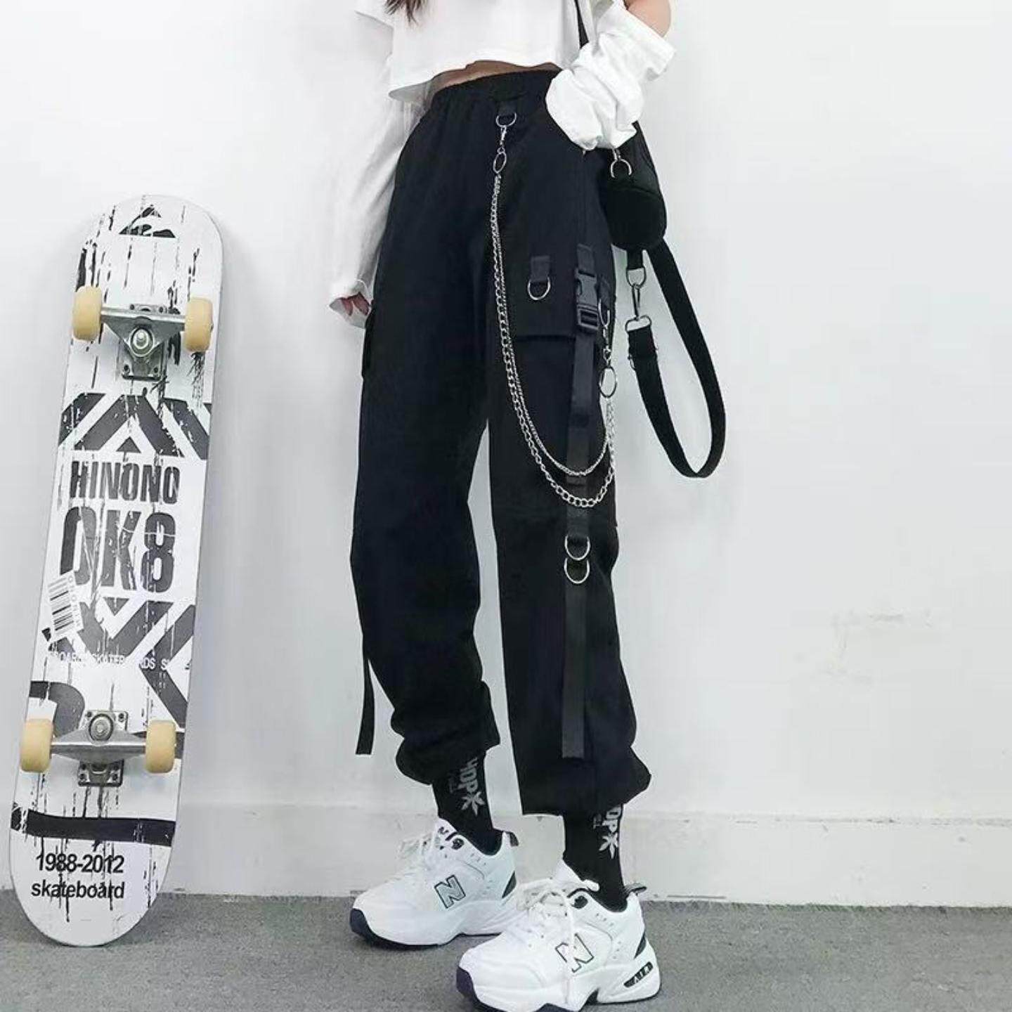 工装裤女小个子束脚黑色链条嘻哈学生街舞裤子显瘦高腰显瘦