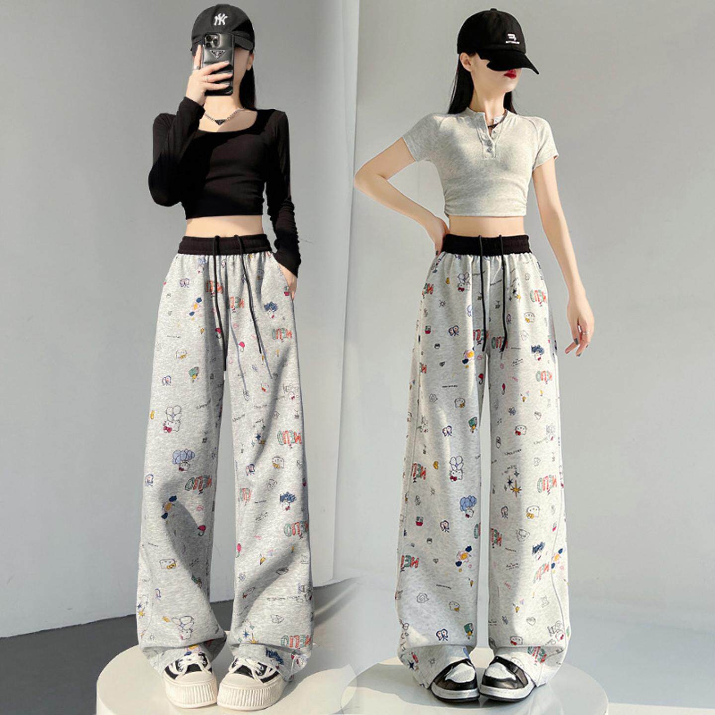 卡通手绘涂鸦卫裤女春款抽绳松紧腰弯刀裤慵懒宽松休闲裤