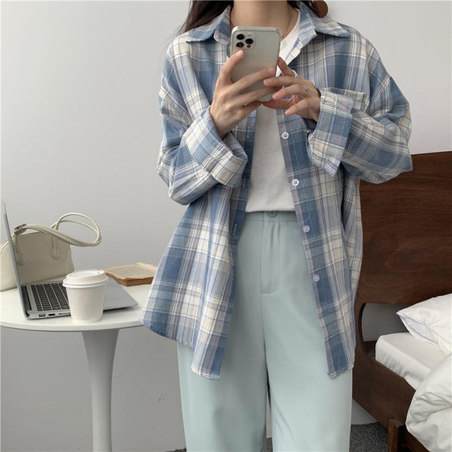 复古格子衬衫女女式年夏季新款宽松上衣设计感小众春秋衫外搭衬衣