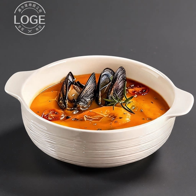 陶瓷白色双耳汤碗日式简约大容量