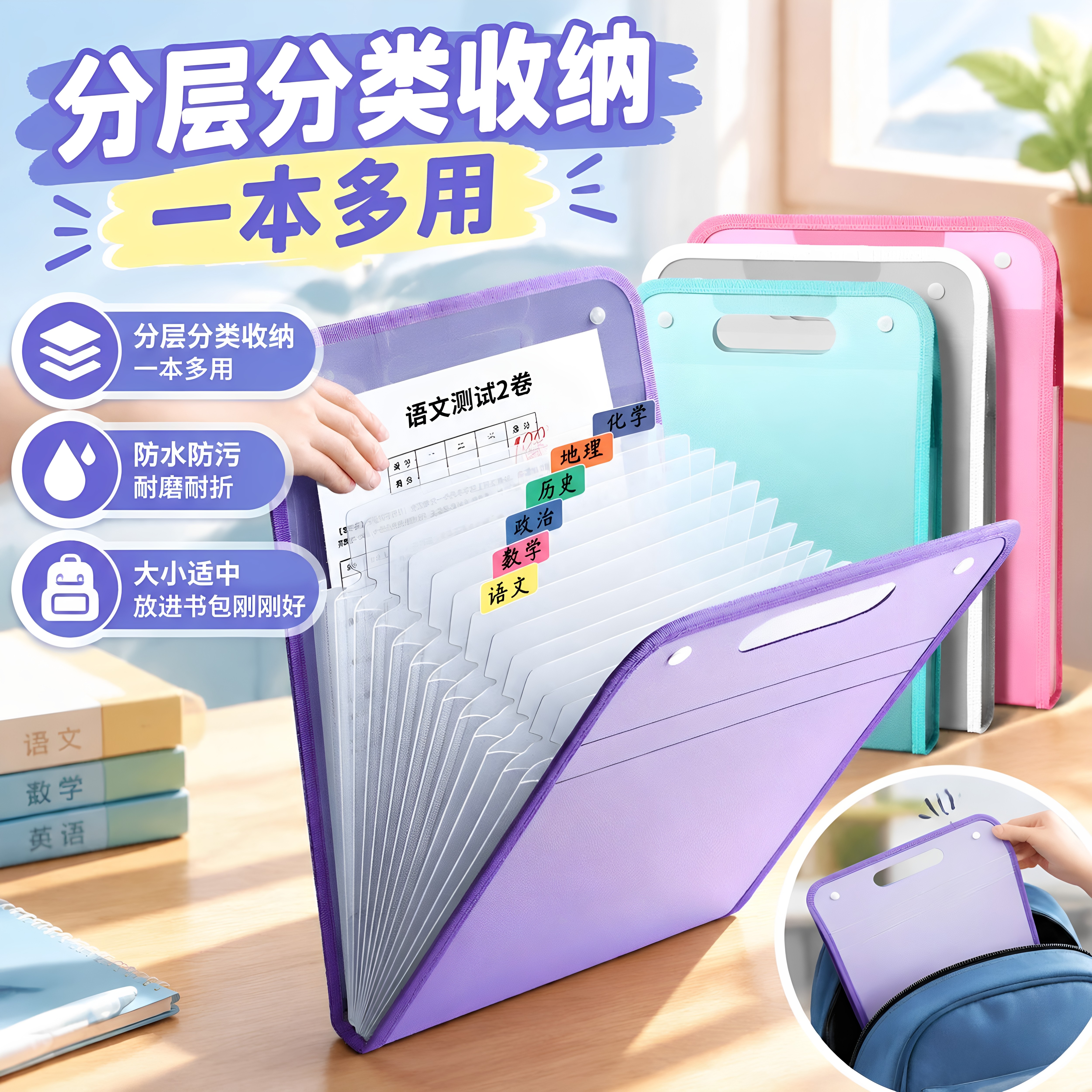 a4手提小学生文件夹分层试卷袋多层大容量风琴包卷子收纳袋整理神器高中生分类科目试卷夹资料专用书包竖式