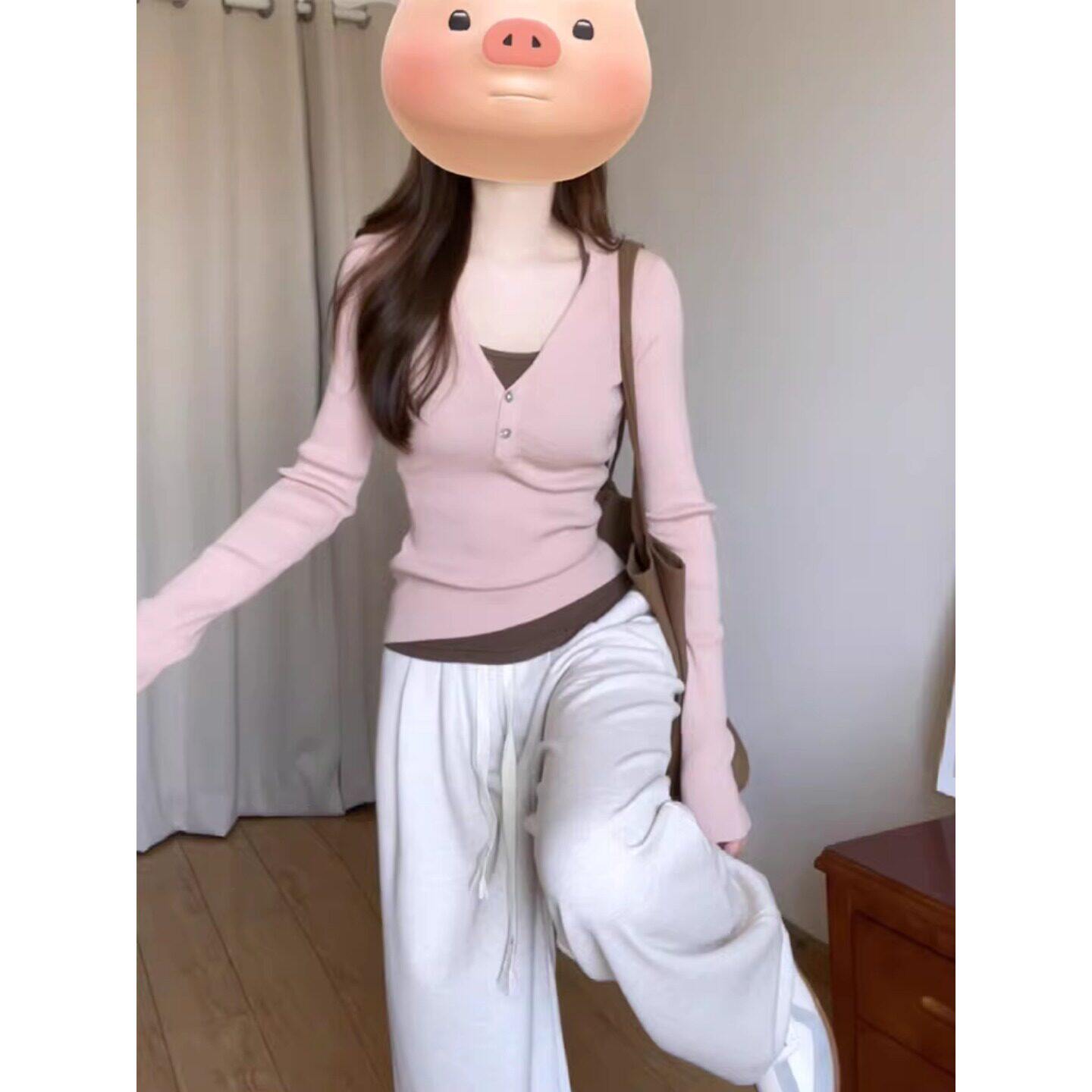 韩系粉色假两件纯欲内搭打底衫女毛针织衫