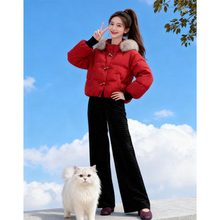 2026超火冬装一整套穿搭时尚连帽毛领盘扣羽绒棉服高腰阔腿裤套装