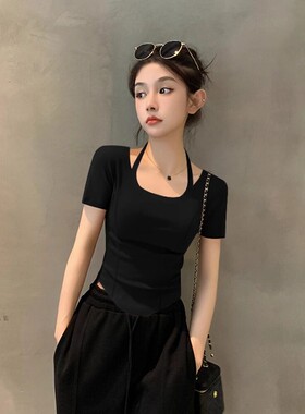 黑色短袖T恤女夏季挂脖设计感超洋气欧货小衫低领短款甜辣小上衣