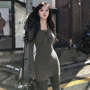 法式灰色长袖连衣裙2026早春新款女装小个子高级感入秋气质包臀裙