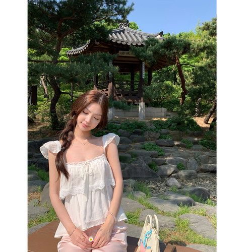 paosweet 无尽夏 白色小飞袖双层荷叶边蕾丝轻薄吊带小衫上衣女
