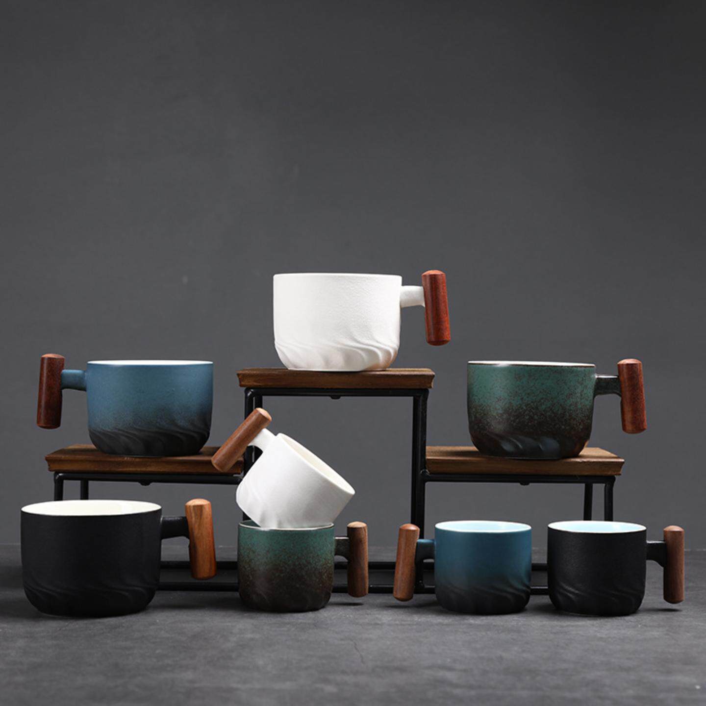 意式浓缩咖啡杯子创意木柄拿铁杯复古粗陶马克杯中古陶瓷下午茶杯