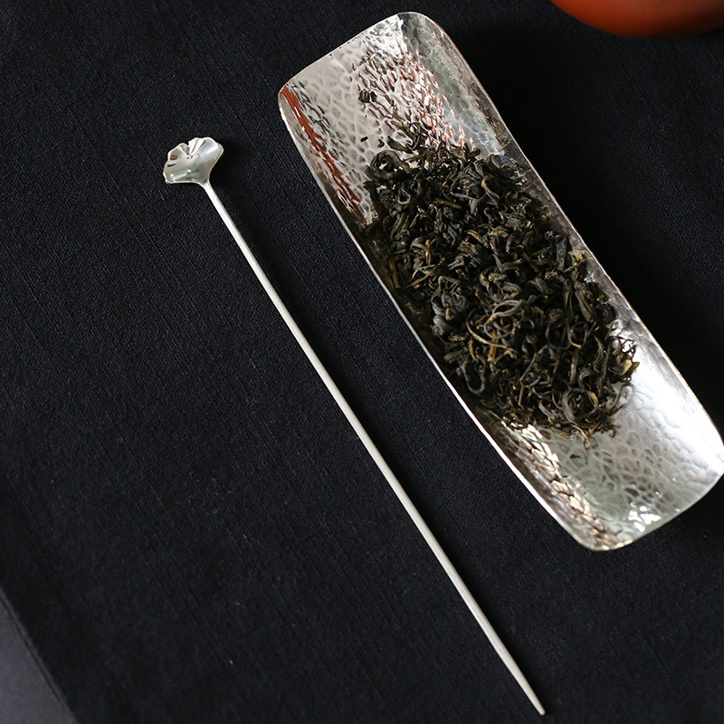 一纪纯手工纯银茶拔银杏茶勺茶匙功夫茶具勺子茶道配件六君子