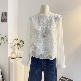 法式木耳花边立领长袖衬衫女2026春季设计感镂空刺绣蕾丝雪纺上衣
