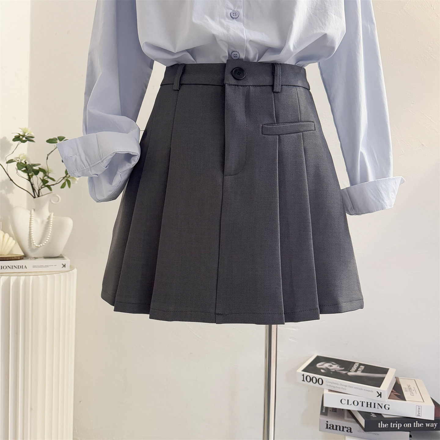 灰色西装百褶裙半身裙女2026春夏高腰a字短裙减龄百搭防走光裙子