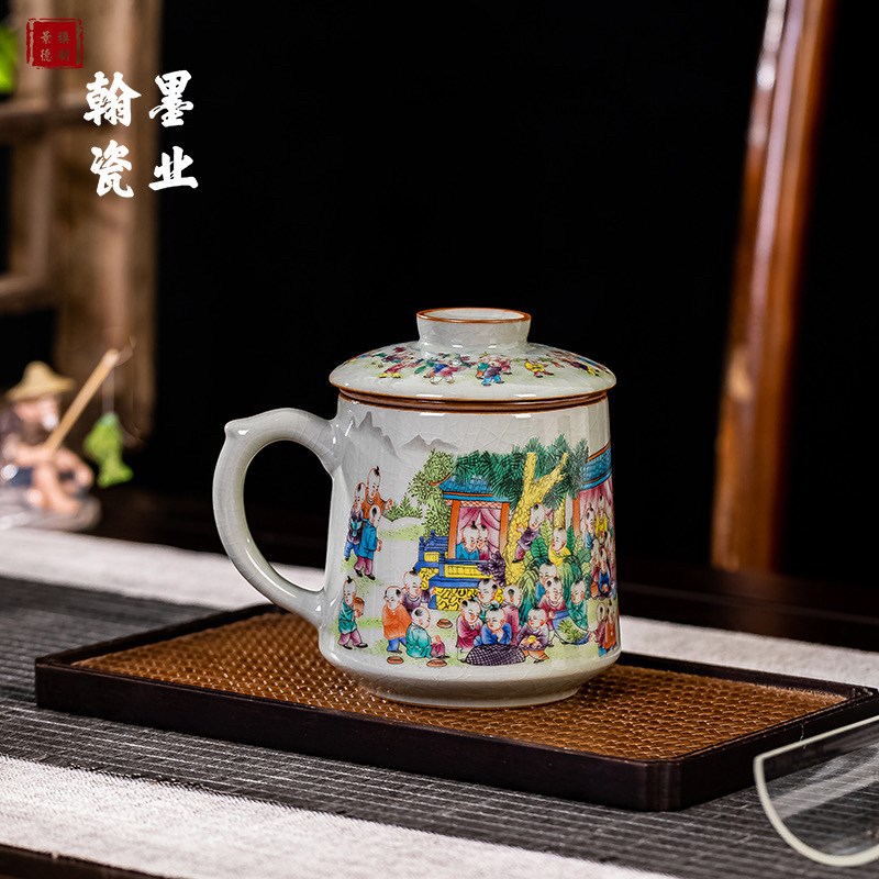 景德镇陶瓷老陶泥粉彩百子图办公杯带盖单个茶水分离杯大容量水杯
