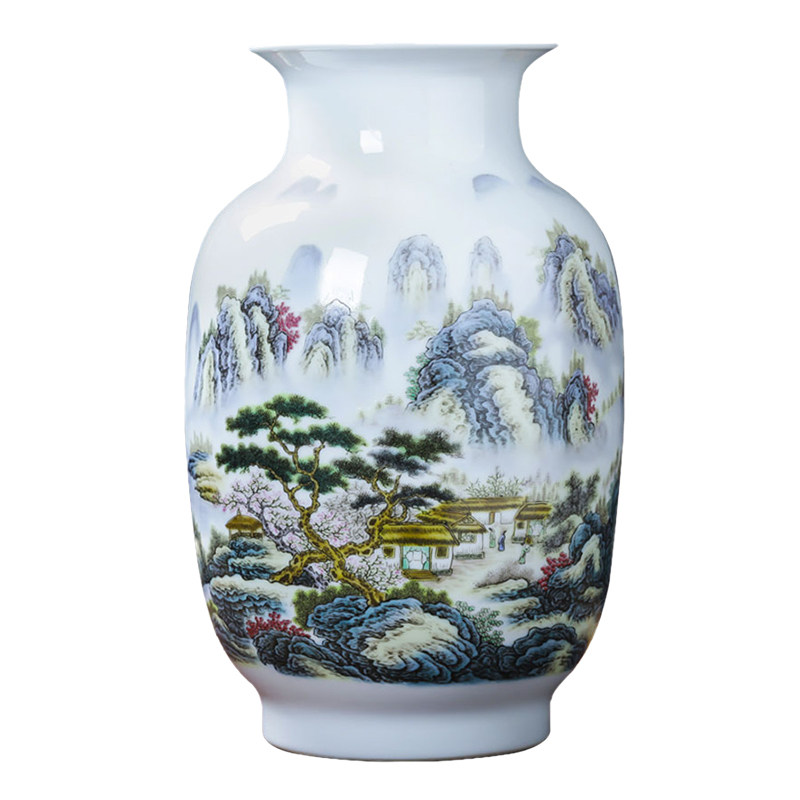 景德镇陶瓷器粉彩山水画富贵竹花瓶摆件客厅插花家居电视柜装饰品