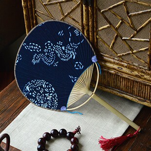 复古棉布扎染印花布面单支整竹团扇 扇面竹扇子印花团扇和风纨扇