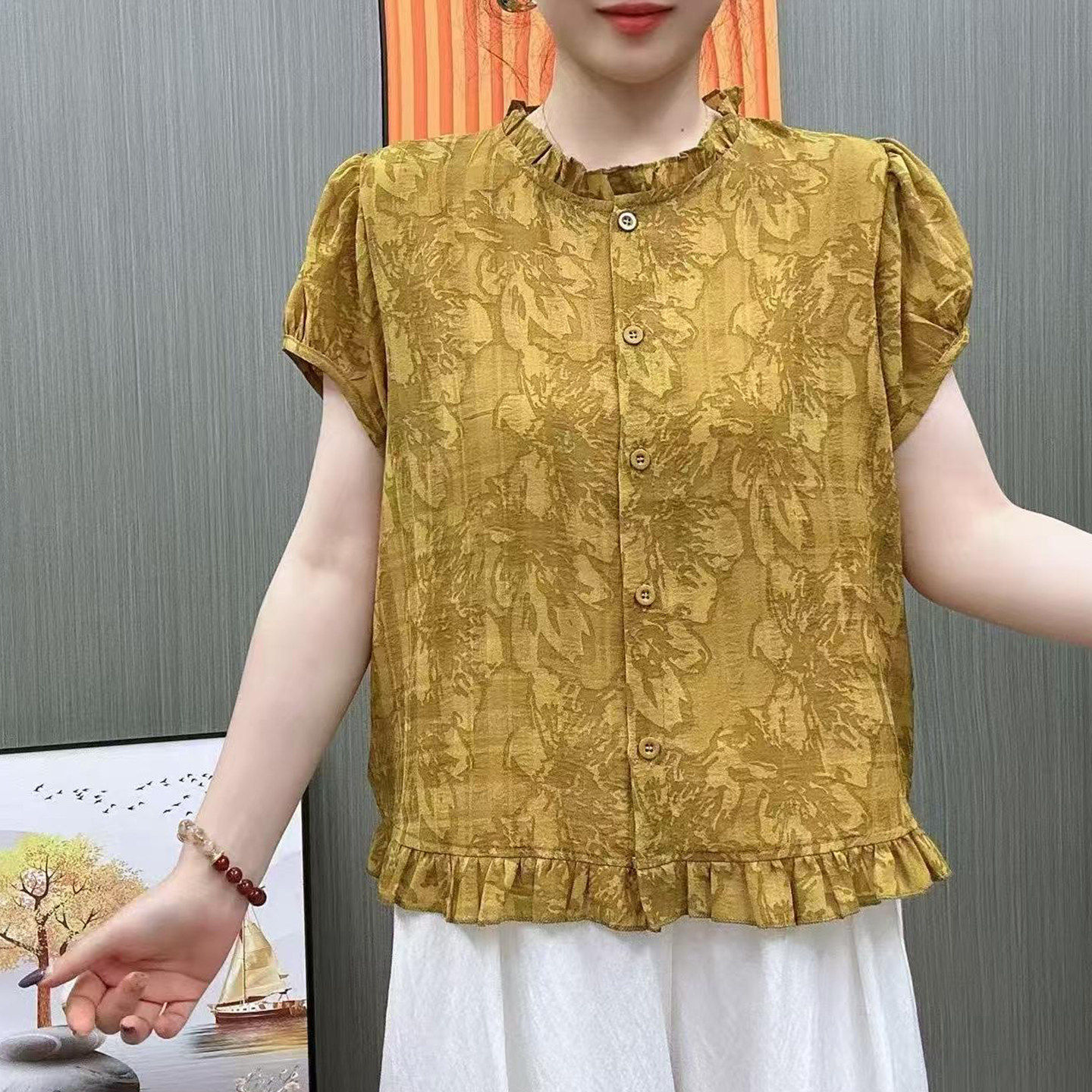 夏季清凉碎花木耳边妈妈装衬衫