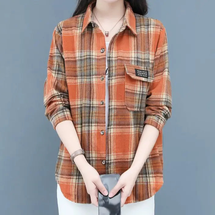 妈妈装秋季格子大码薄款棉衬衫