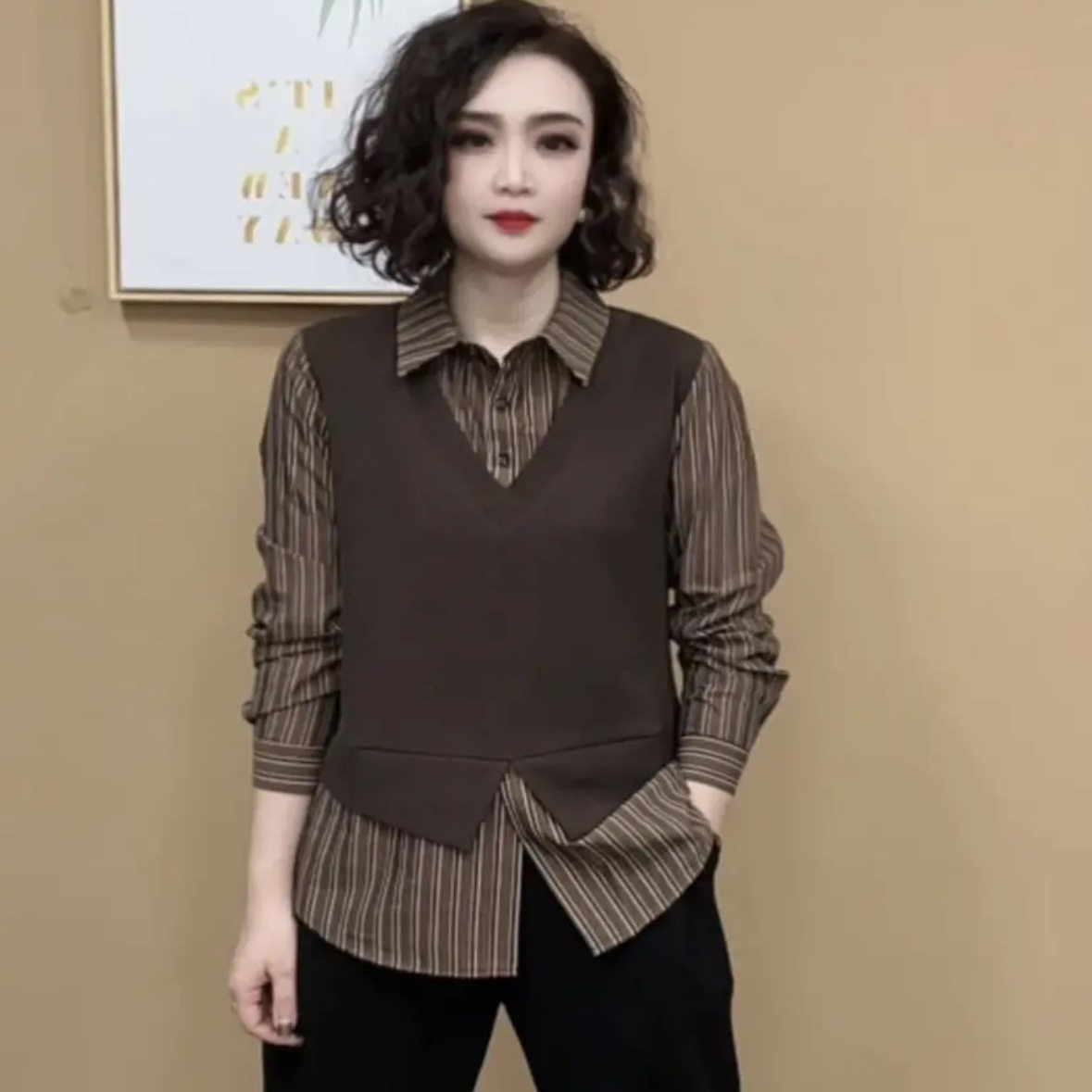 春季新款假两件条纹显瘦大码衬衫