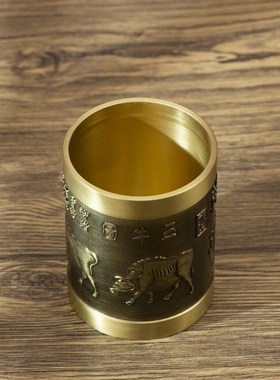 小铜记黄铜五牛收纳桶笔筒香道茶具学习文具办公室桌面工艺品摆件