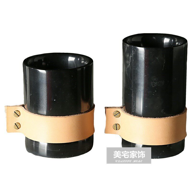 黑白色大理石笔筒烛台摆件 创意花器 欧式家居书房样板间软装饰品