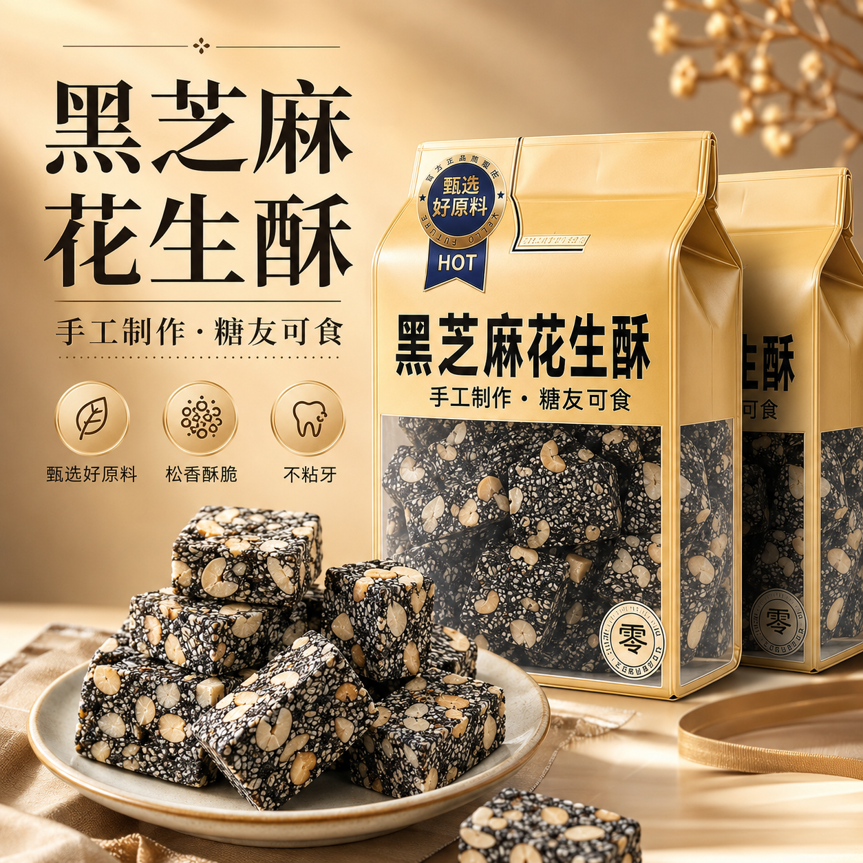 原味黑芝麻花生酥糖官方旗舰店手工无糖无添加年货传统零食糕点