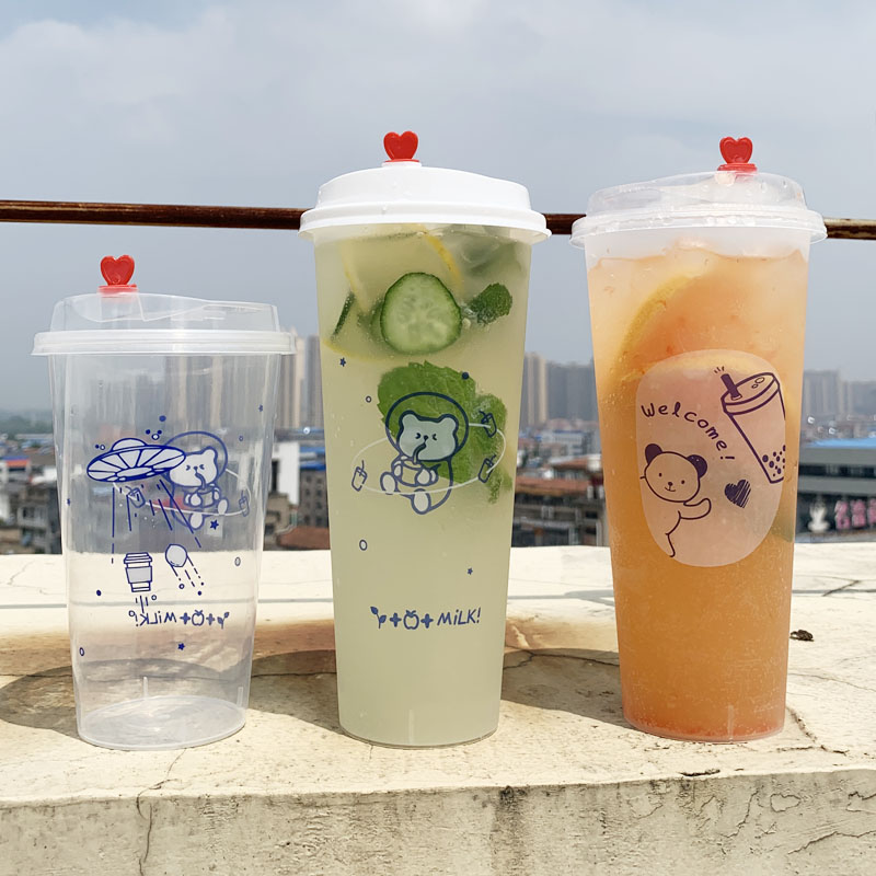 一次性杯子塑料杯加厚磨砂杯注塑奶茶店专用网红杯装带盖定制LOGO