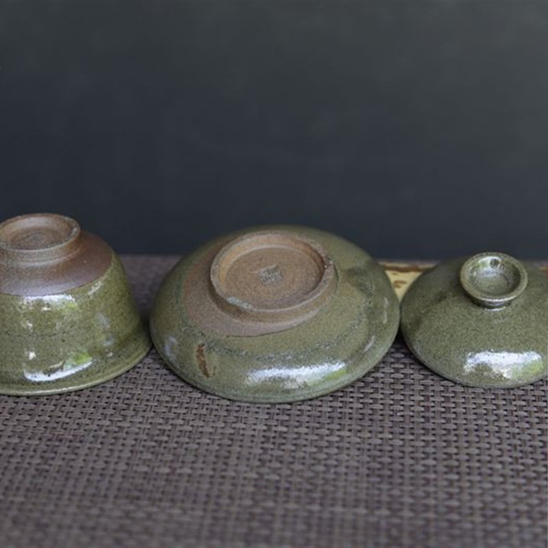 草木灰釉盖碗 云南龙窑柴烧粗陶传统酱釉杯子功夫茶具 高档三才杯