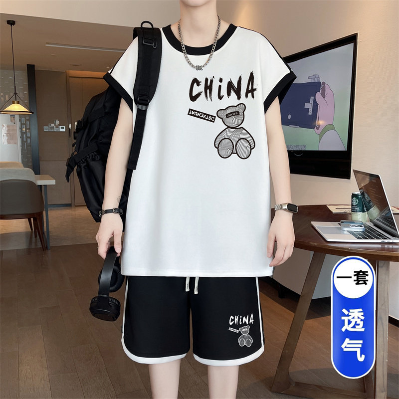 夏季新款青少年时尚休闲套装个性撞色印花设计透气时尚百搭两件套