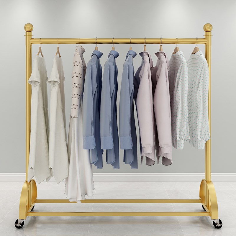 服装店衣架金色陈列架女装店货架门口特卖服装挂衣杆落地式带轮子