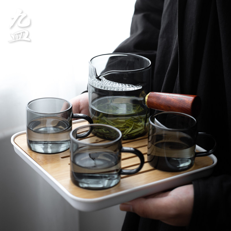 九皿玻璃公道杯家用绿茶泡茶器防烫侧把公杯茶漏一体过滤分茶器