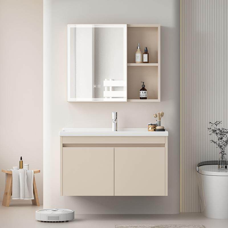 奶油风蜂窝铝合金浴室柜一体陶瓷盆洗手洗脸洗漱台盆柜组合小户型
