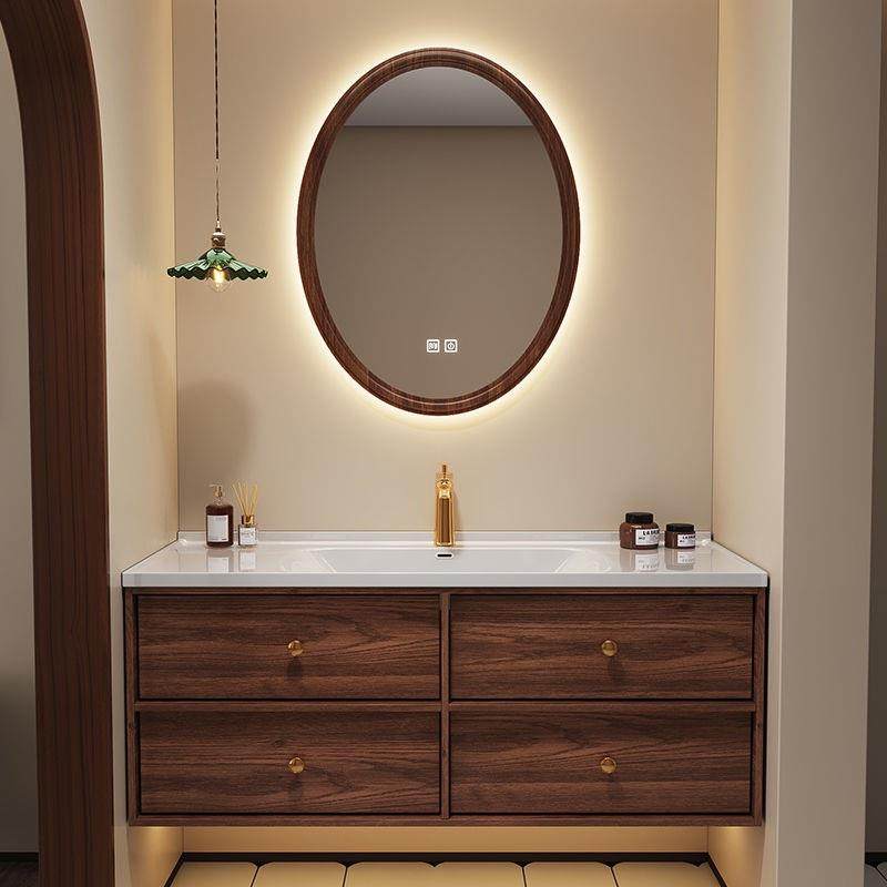 轻奢中古风骨骼胡桃木色浴室柜组合卫生间陶瓷一体盆洗手洗脸台盆,家装主材,浴室柜,淘宝优惠券,粉丝福利购,淘宝优惠卷