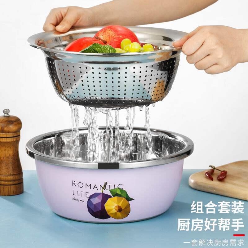 不锈钢加厚食品级彩色盆家用圆形厨房盆子汤盆打蛋和面沥水洗菜盆
