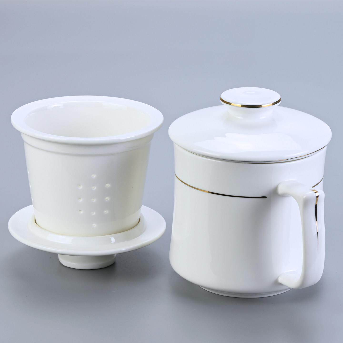 陶瓷杯茶水分离简约纯白酒店茶杯办公室金边陶瓷水杯礼品定制logo