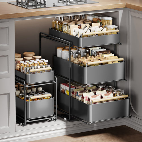 厨房橱柜拉篮下水槽置物架碗碟调料收纳抽拉式分层架子水槽下抽屉