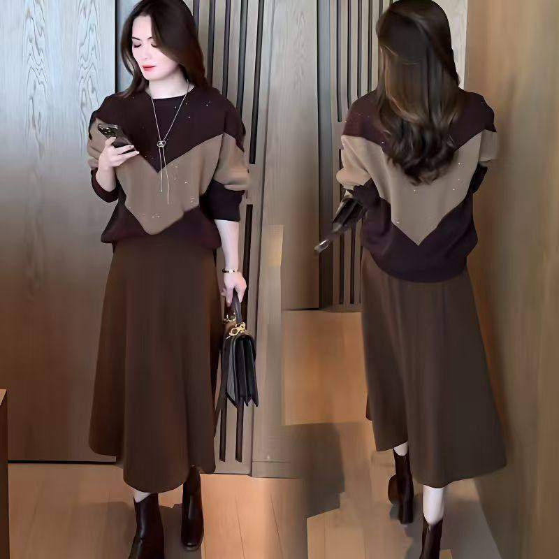 韩版时尚毛衣套装女秋冬新款宽松减龄针织套头衫上衣半身裙两件套