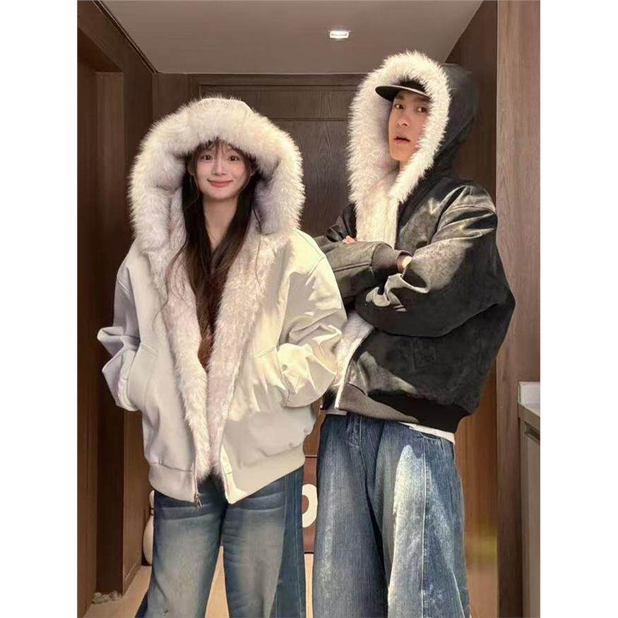 大毛领连帽座山雕棉服女冬季加厚高级感保暖宽松情侣PU皮夹克外套