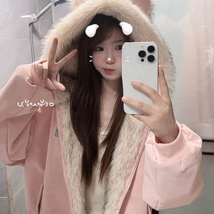 粉色大毛领连帽铺棉外套女冬季高级感加厚保暖美式荔枝纹宽松棉衣