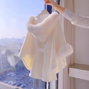 法式毛领斗篷毛呢外套女白色连帽披肩高级感名媛风百搭收腰大衣