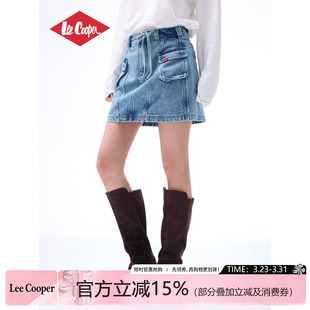 高腰系带 牛仔短裙女显瘦A字半身口袋半身裙休闲款 Lee Cooper工装