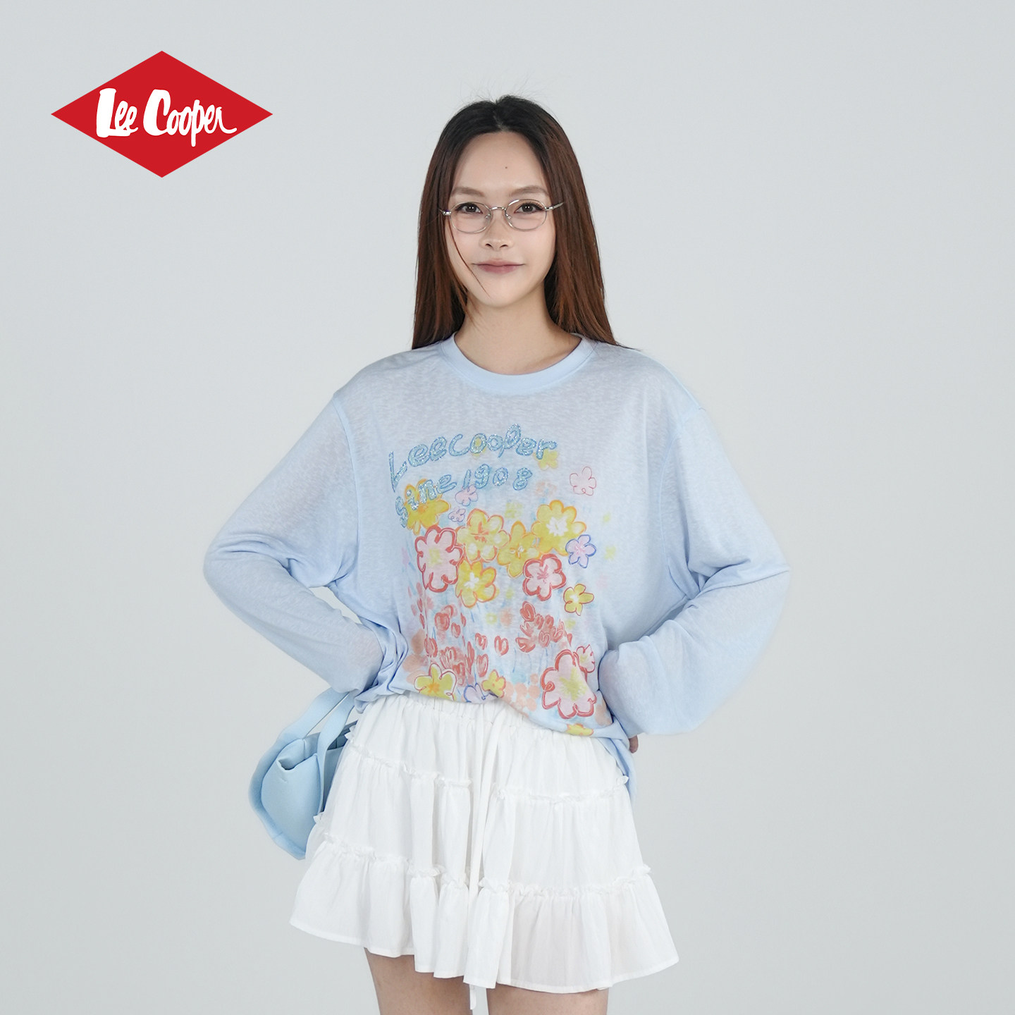 Lee Cooper长袖T恤花朵闪粉印花宽松圆领女生防晒春夏季新款上衣