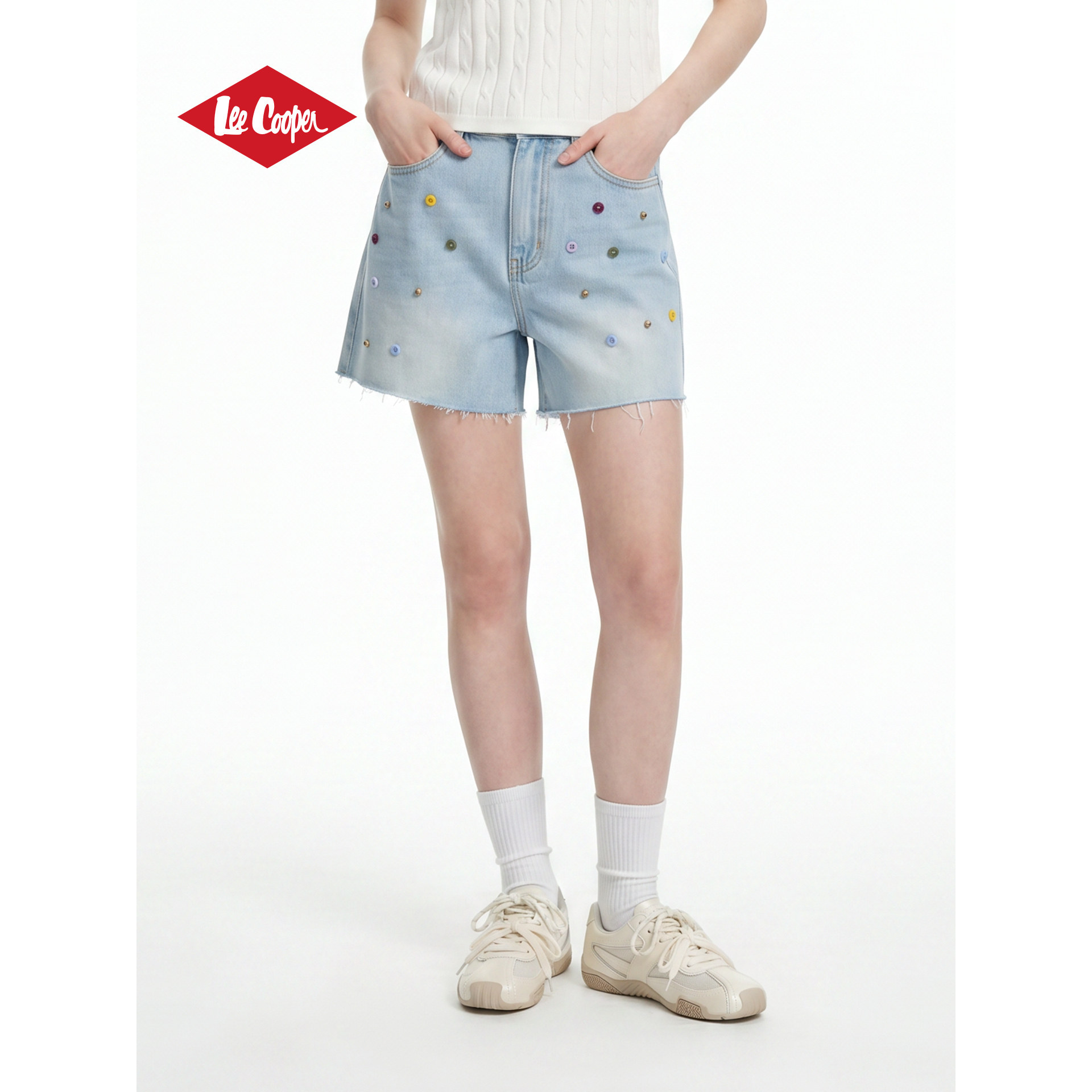 Lee Cooper彩色纽扣毛边牛仔短裤水洗减龄2026夏款新品女生百搭
