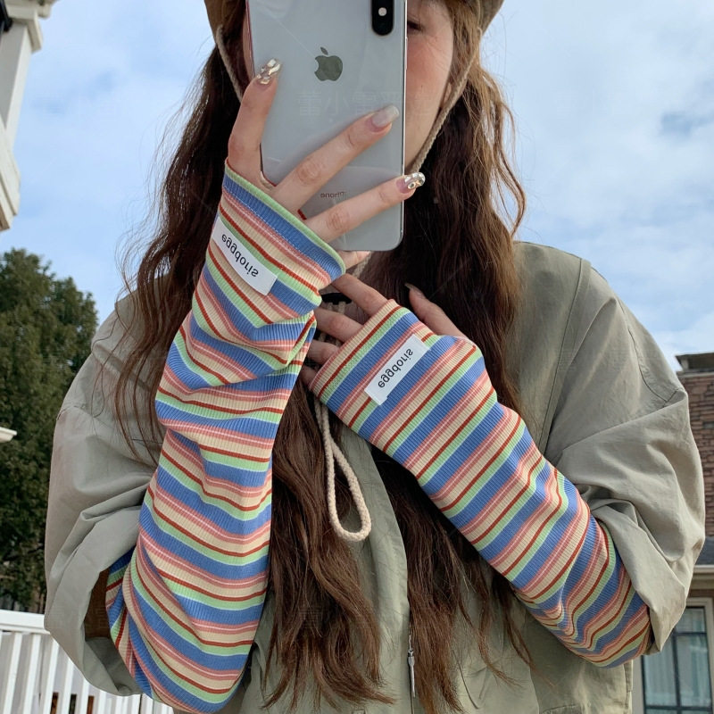 韩版条纹防晒袖套女冰袖户外开车骑行防紫外线护手臂宽松手袖护手