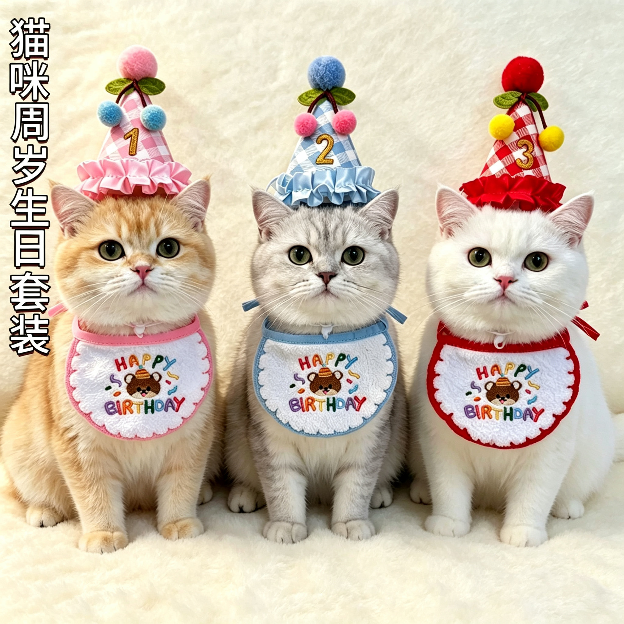 现货宠物生日套装猫咪围脖围兜狗狗生日帽子刺绣款口水巾
