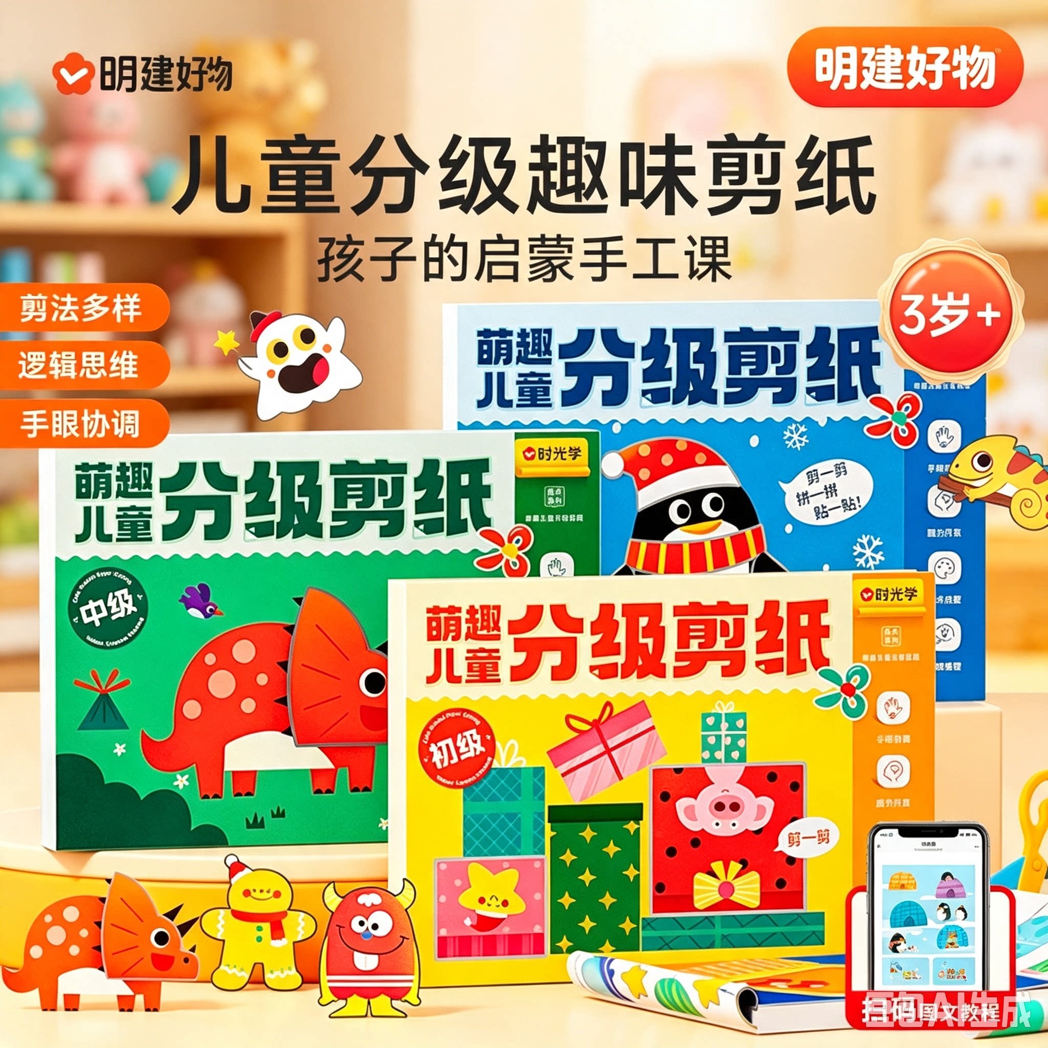 萌趣儿童分级剪纸初中高级套装创意剪纸绘本套装全3册儿童ZX