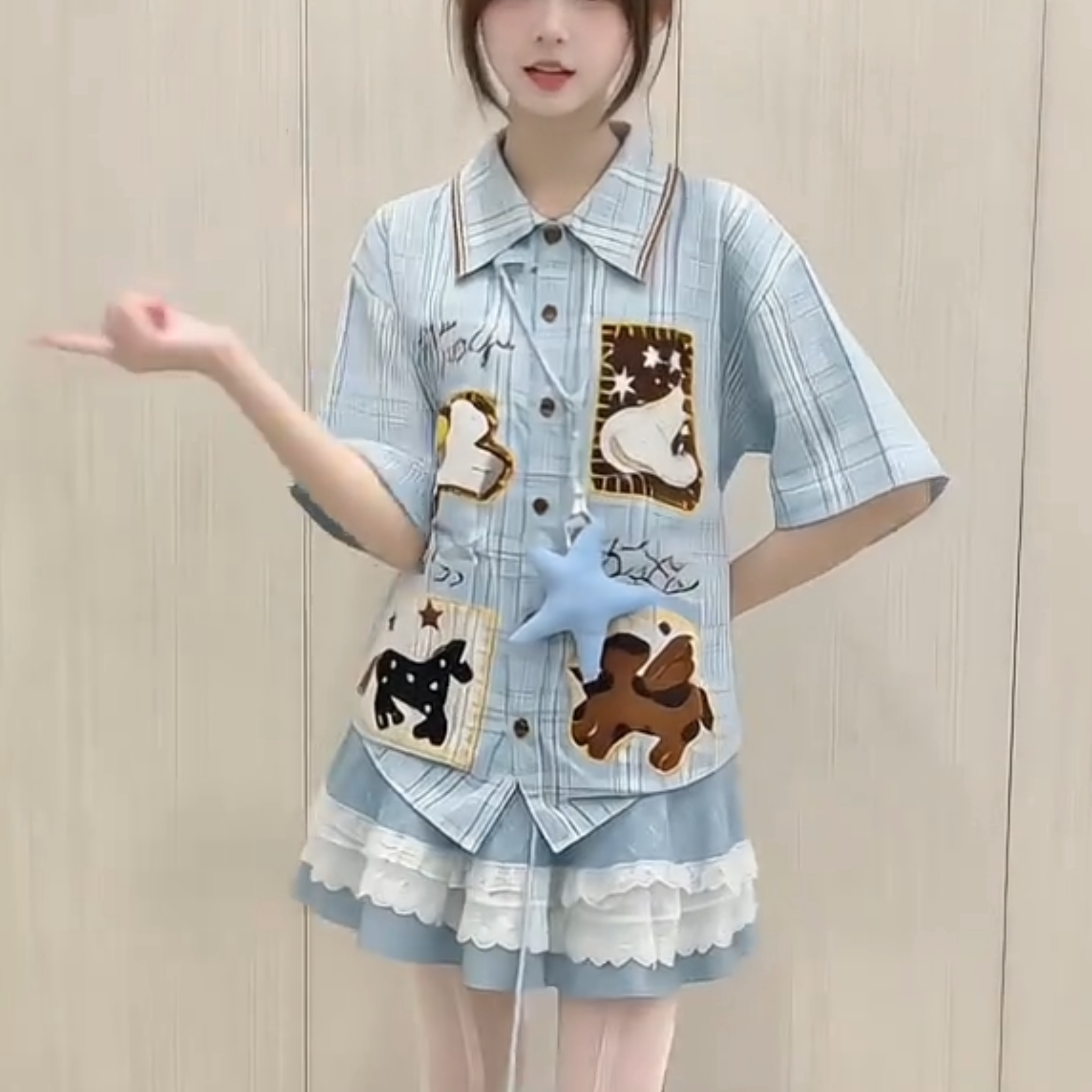 日系复古卡通小马格子短袖衬衫女初高中学生夏季宽松慵懒休闲衬衣