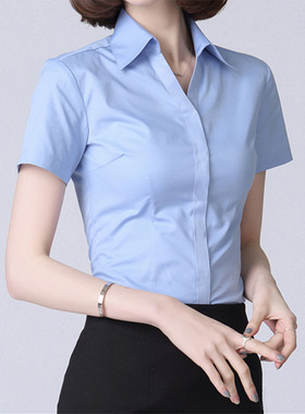 职业装蓝色女式衬衫女夏款短袖v领衬衣女设计感小众高级正装气质