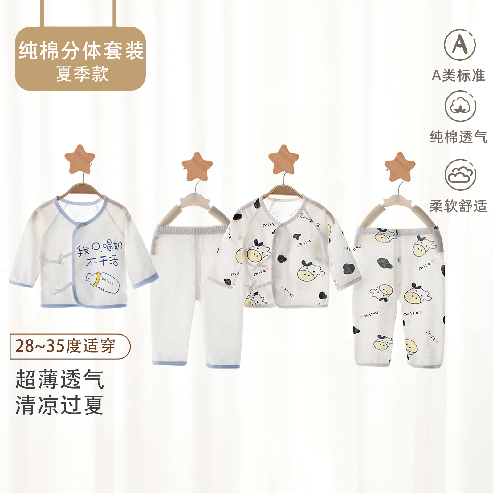 婴儿分体套装夏季超薄新生儿透气纯棉初生宝宝A类居家空调服睡衣